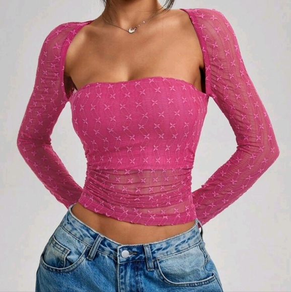 Valentine Day Pink Lace See-Through Tube Top Long-Sleeved Romantic Tight T-Shirt - Picture 1 of 4